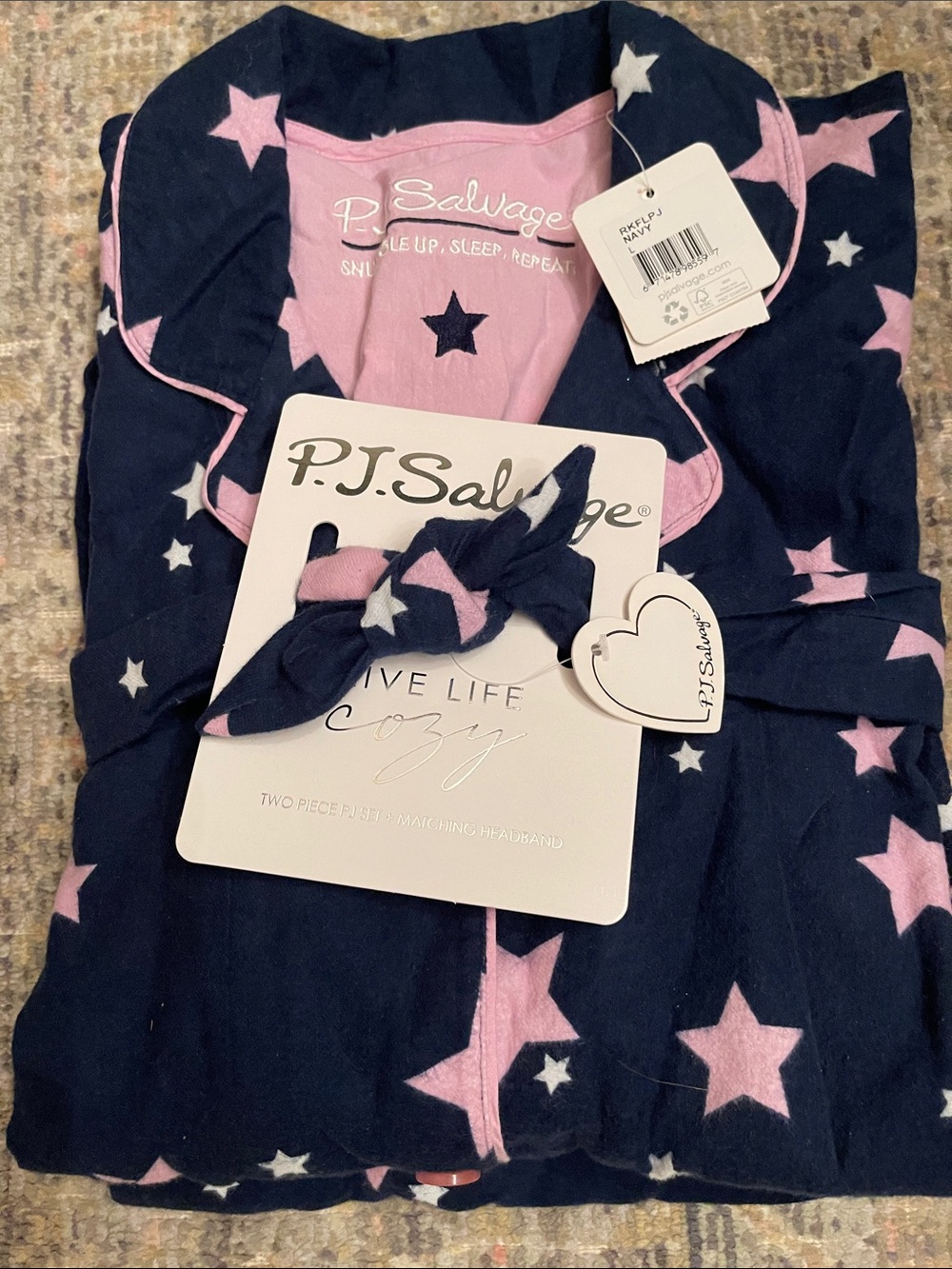 NWT P. J. Salvage Navy and Pink Star Womens Pajama Set with Matching Headband